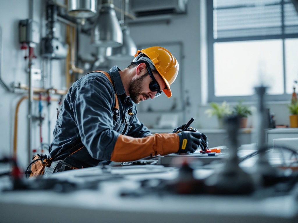 Skilled tradesperson inspecting HVAC system with thoughtful expression, tools visible, natural workshop lighting highlighting