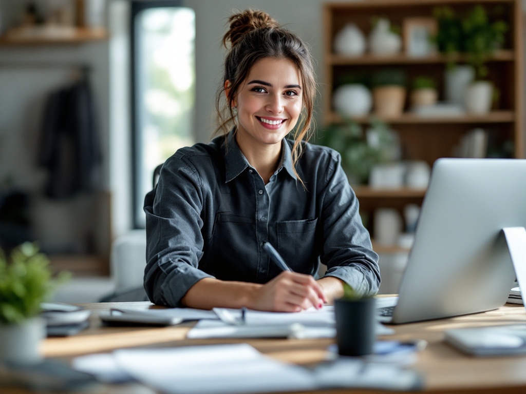 Professional receptionist at front desk greeting client, natural daylight, modern office setting