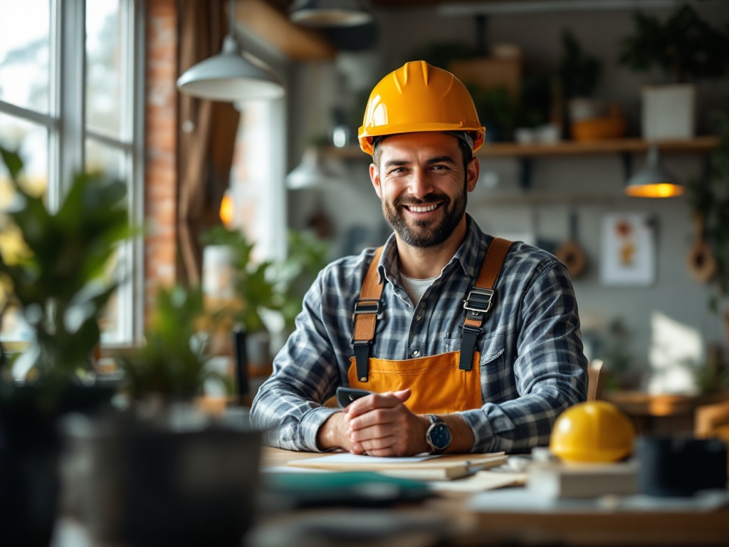 Skilled contractor examining blueprint while holding digital tablet in bright home workshop, representing technical systems a