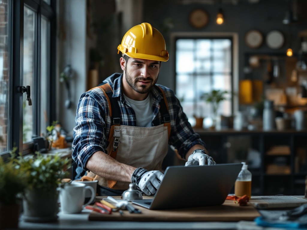 Contractor in work uniform examining home interior while holding tablet, natural light streaming through window, professional