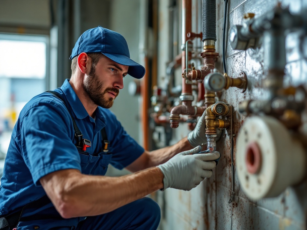 Plumber wearing work clothes focused on repairing pipes under a sink, phone visible on nearby counter, natural daylight strea