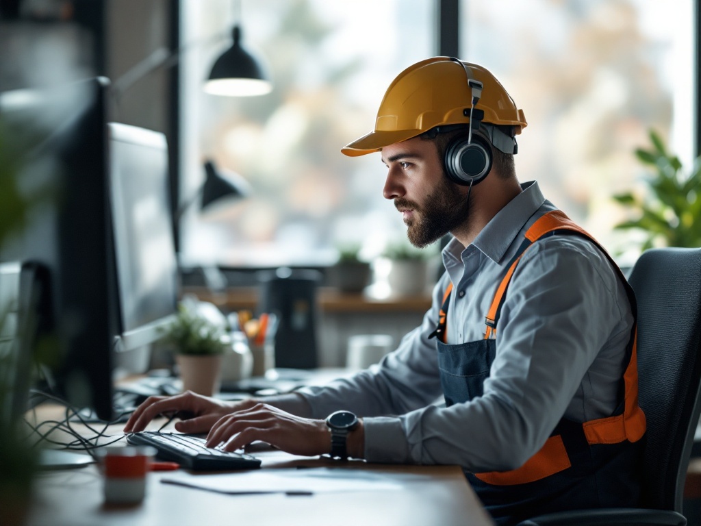 HVAC technician answering phone while reviewing service request documentation in a modern office workspace.