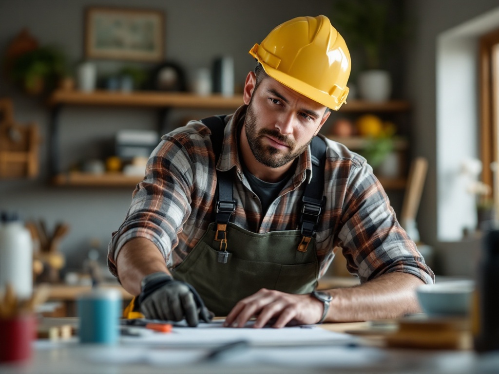 Contractor in work uniform using tablet at job site, reviewing plans with tools nearby