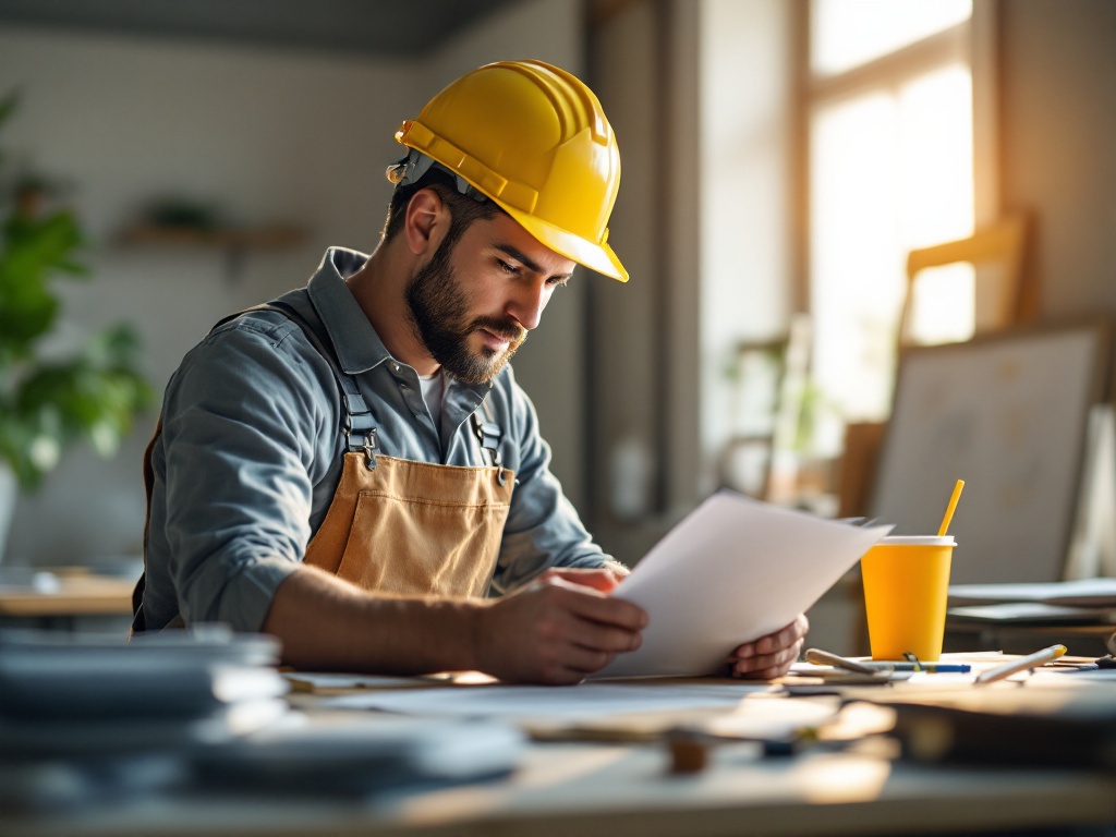 Contractor on job site checking phone while holding blueprint, missing incoming call notification on screen.