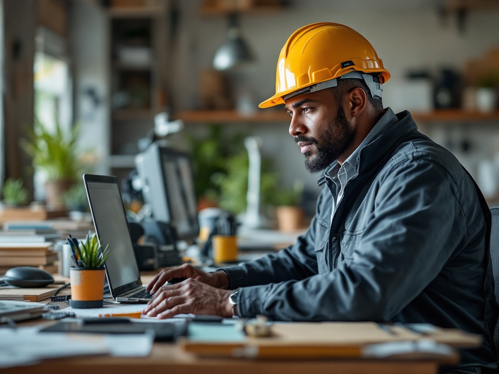 Contractor reviewing blueprints at job site, comparing traditional communication methods with modern technology solutions in
