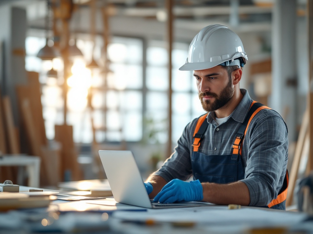 Contractor in hard hat reviewing blueprints at construction site during daylight, professional documentary style photography