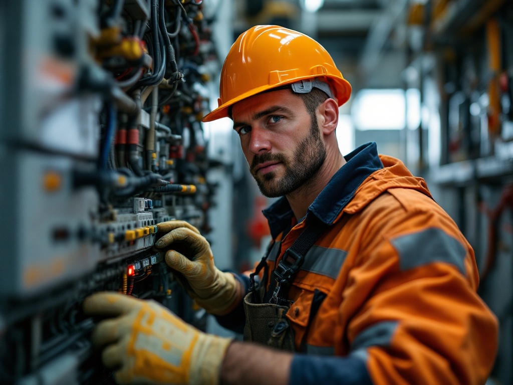 Electrician reviewing wiring panel while multiple phone notifications appear on screen, illustrating missed calls during focu