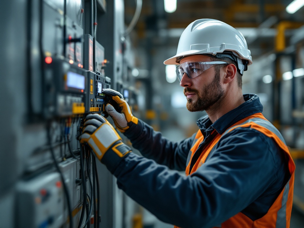 Electrician in hard hat reviews job details on tablet while standing in residential electrical panel room with wiring visible