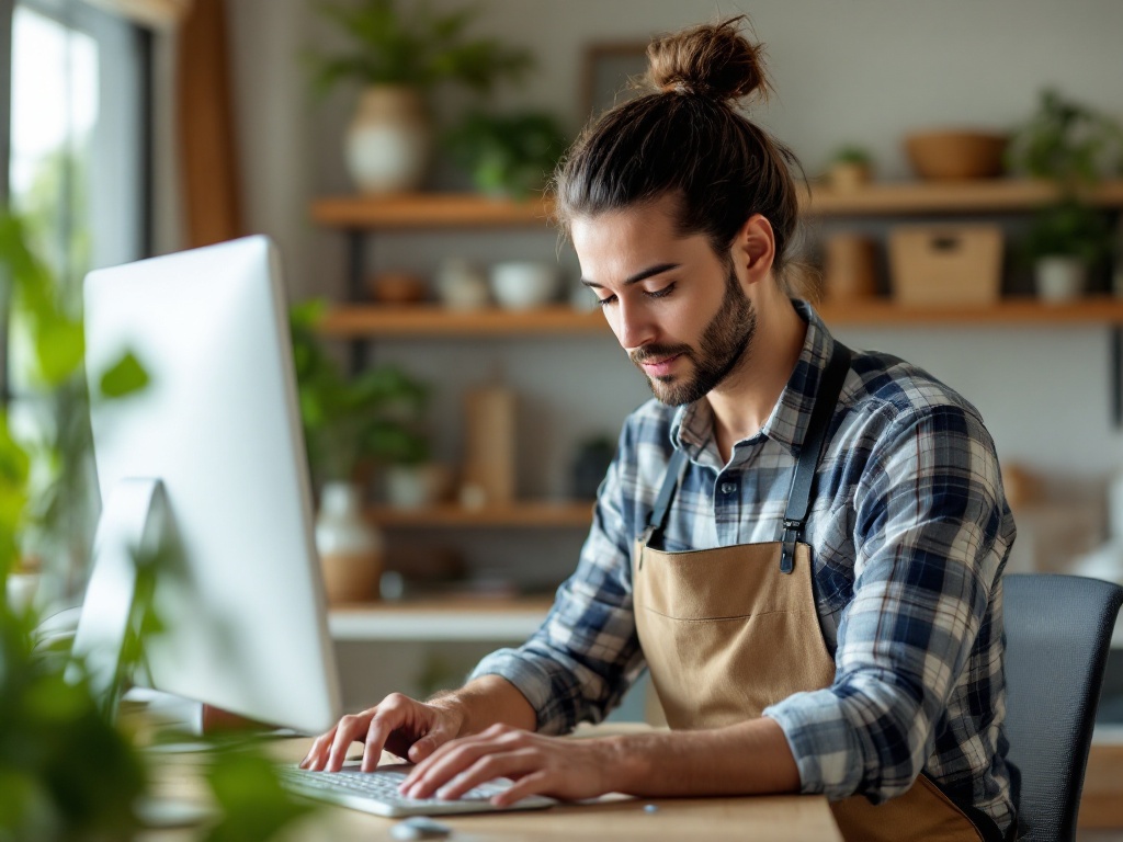 Professional contractor in work uniform using tablet while inspecting residential property, natural daylight streaming throug