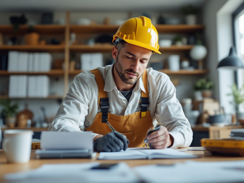 Contractor in work uniform examining home interior with tablet, natural sunlight streaming through window