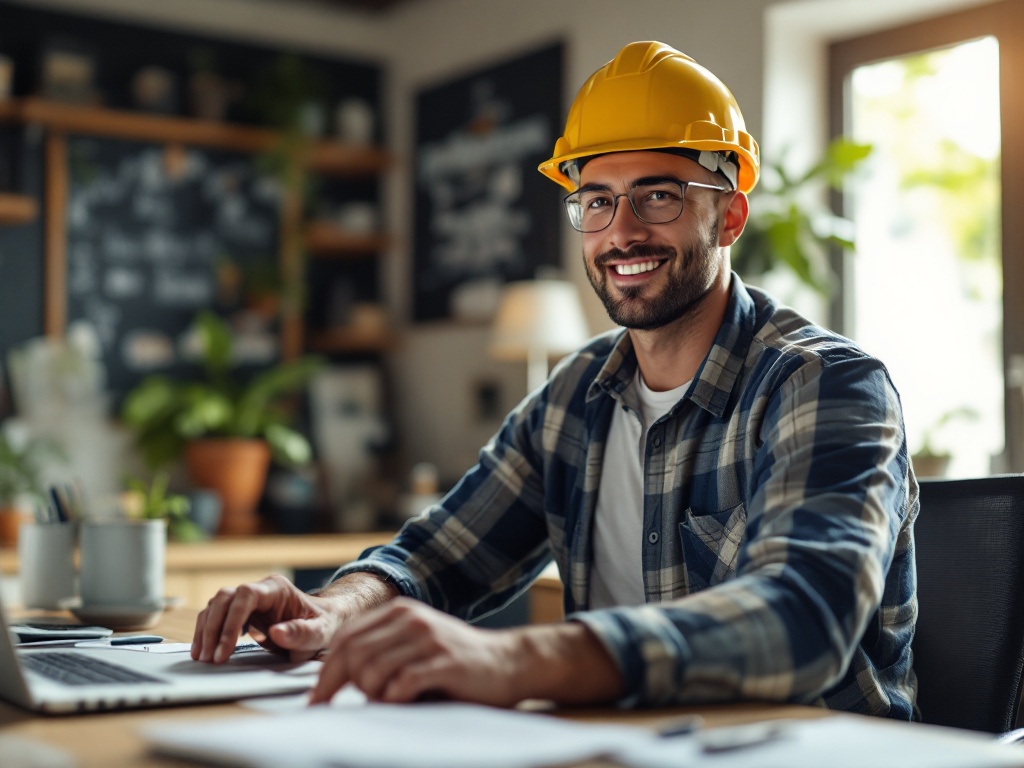 Professional contractor in work uniform reviewing blueprints and tablet at residential job site during daytime, natural light