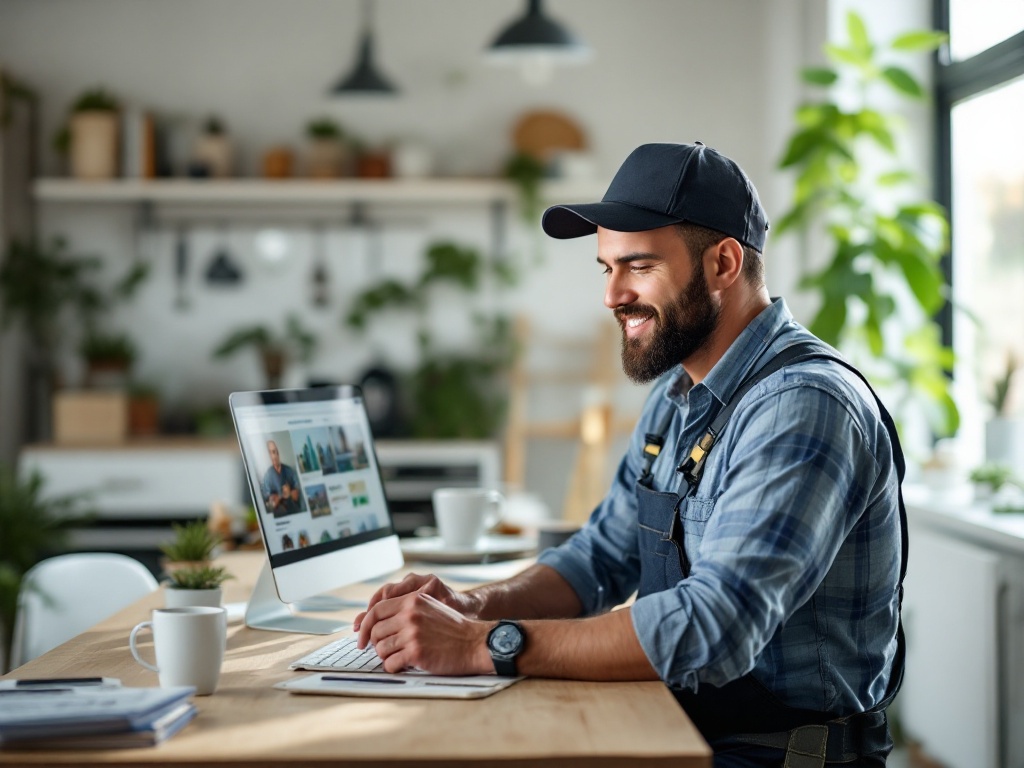 Professional contractor in work uniform using tablet while reviewing home service documents on clipboard