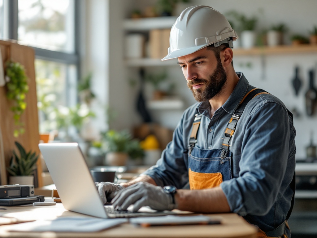Contractor in work gear inspecting home interior during daylight, holding clipboard and measuring tools for Google Business P