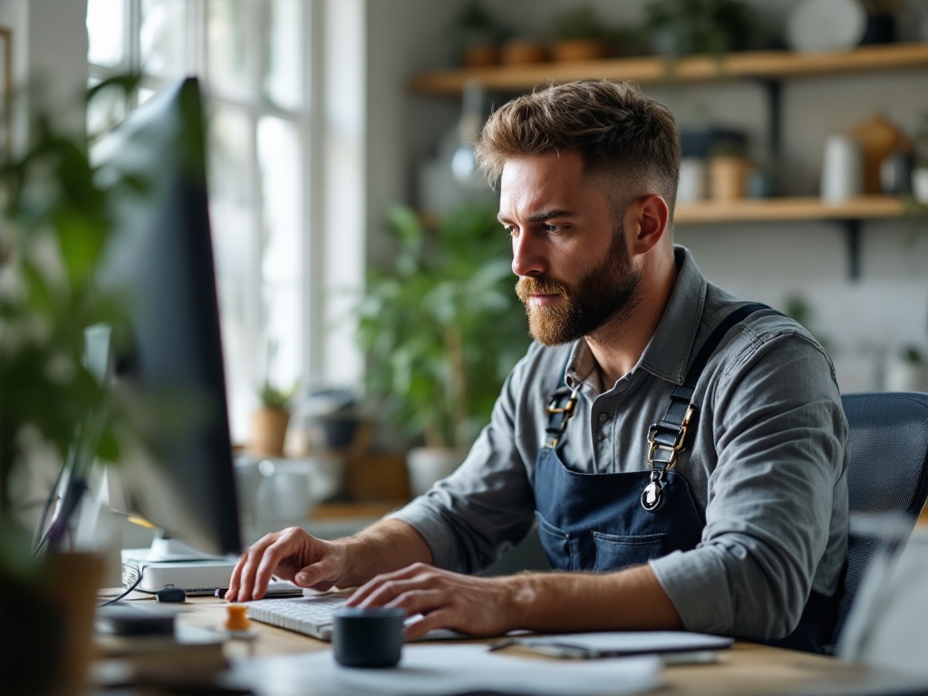 Contractor holding digital tablet reviewing home service work notes in bright kitchen during daytime visit