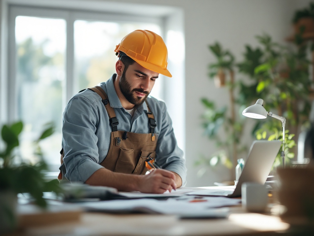 Professional contractor reviewing digital blueprints on tablet while speaking to voice AI assistant in modern home office, na