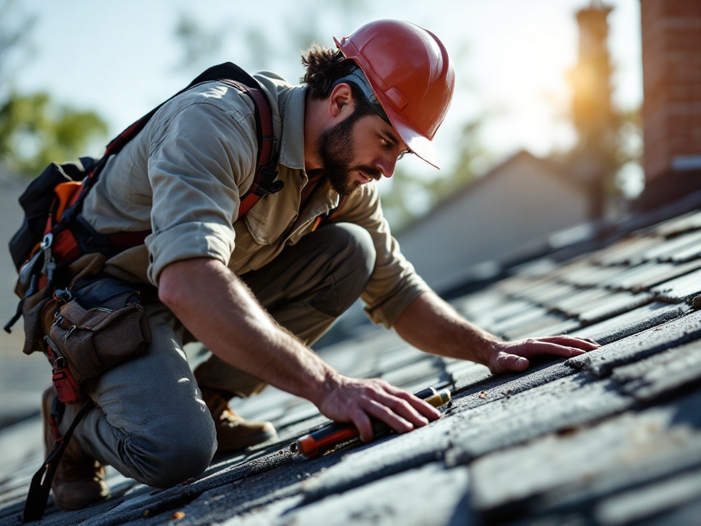 Roofer installing shingles on residential roof under bright daylight, demonstrating professional workmanship and expertise in