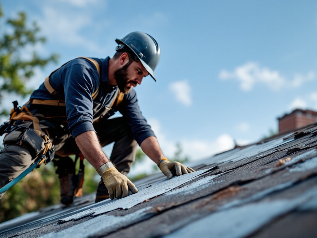 Roofing contractor measuring and installing shingles on residential roof under clear daylight conditions