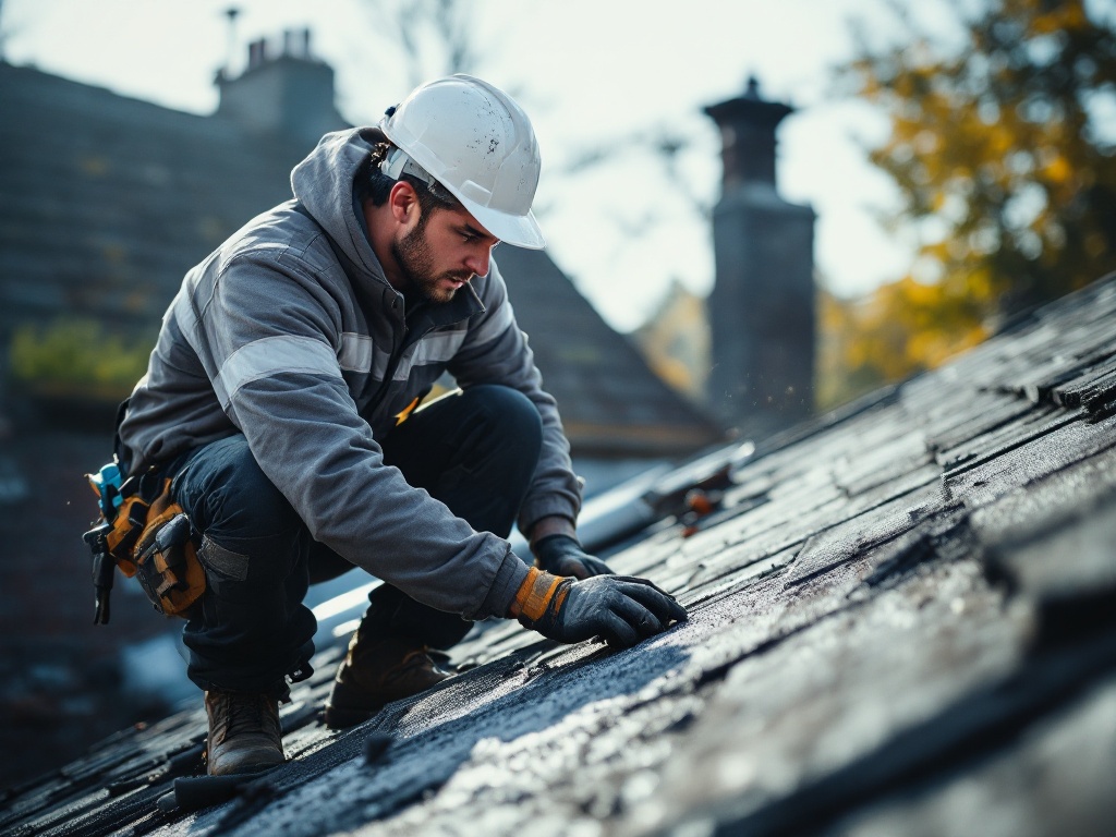 Roofer in safety harness installing shingles on pitched roof in bright daylight, demonstrating professional roofing work.