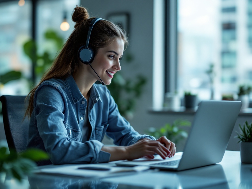 AI agent worker on computer screen handling incoming calls and messages simultaneously in modern office setting with natural