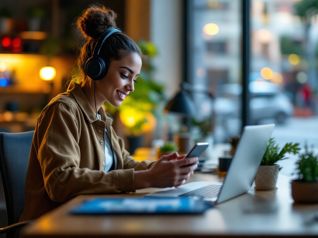 AI receptionist answering phone calls in modern office setting with headset and computer screen displaying call management da